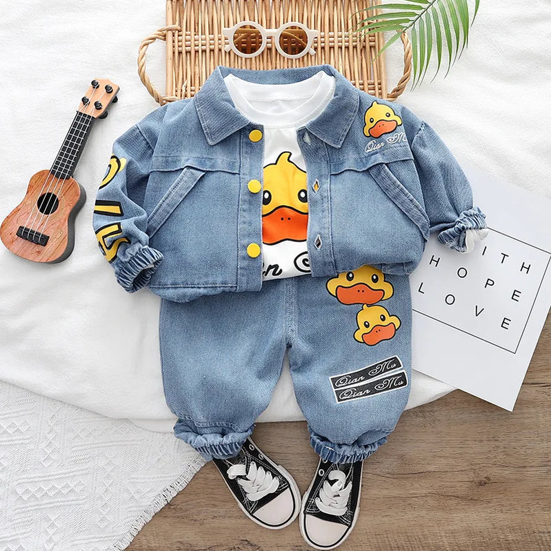 Baby Boy Cotton Clothes Spring Autumn Fashion Cowboy Trousers+Long Sleeve+Coat 3Piece Leisure Sports Stars Denim Clothes Suit AL06 Blue
