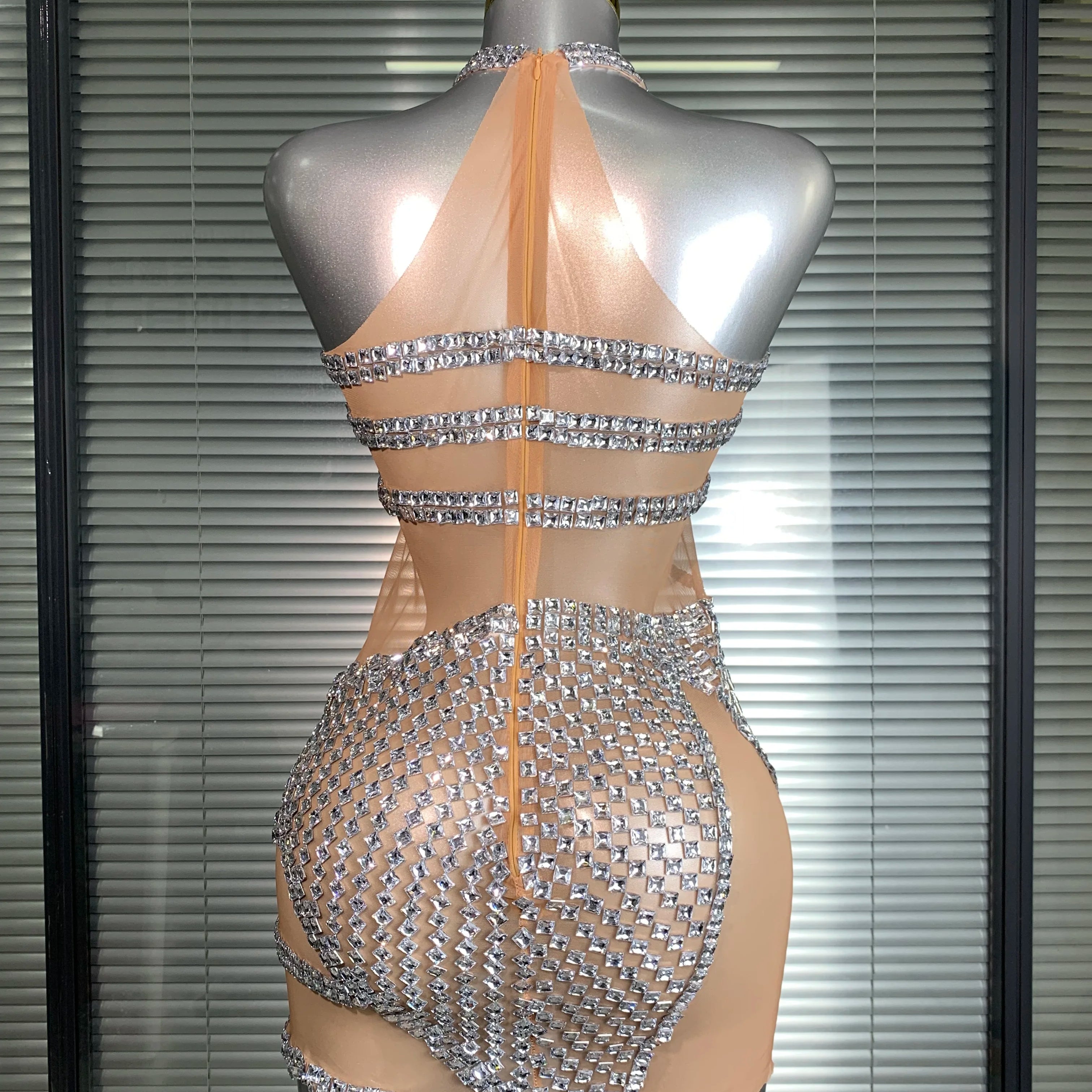 Celebrity New Women Sexy Mesh Sheer Crystal Stage Performance Costume Stage Dancer Singer Night Club Mini Party Dress