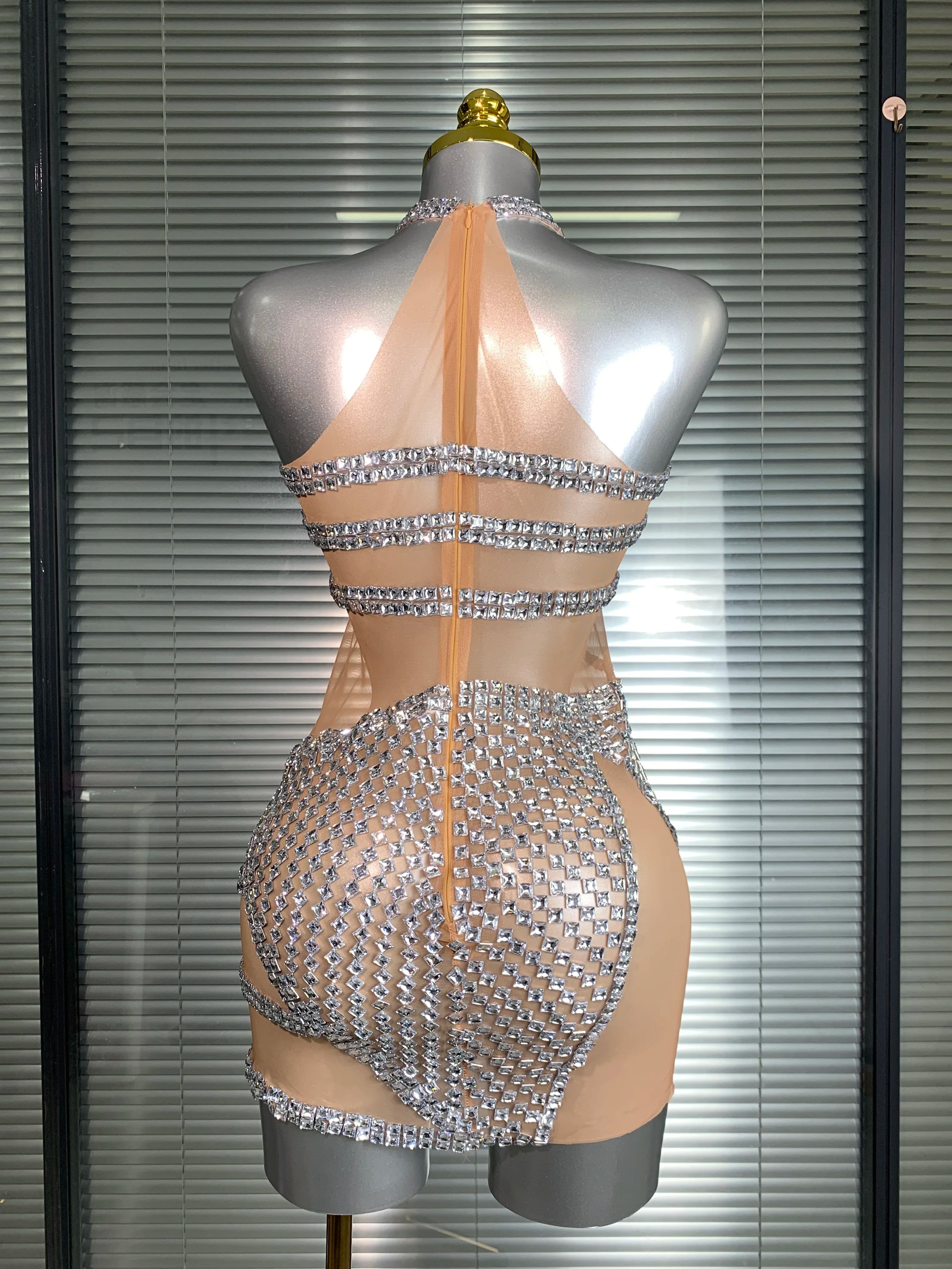 Celebrity New Women Sexy Mesh Sheer Crystal Stage Performance Costume Stage Dancer Singer Night Club Mini Party Dress