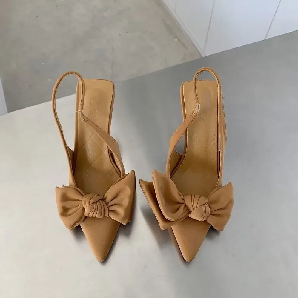 Women Shoes Spring Butterfly Knot Women Slingbacks Heels Shoes Sexy Dress Thin Heel Pointed Toe Ladies High Heels Women Khaki