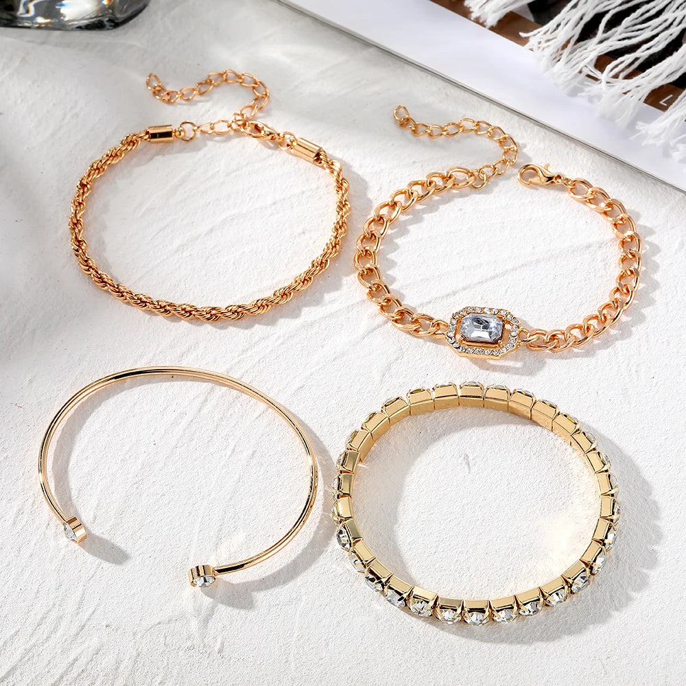 4 Piece Set Luxurious Bracelets for Women Crystal Shiny Adjustable Opening Chain Bracelets Punk Bangle Fashion Jewelry