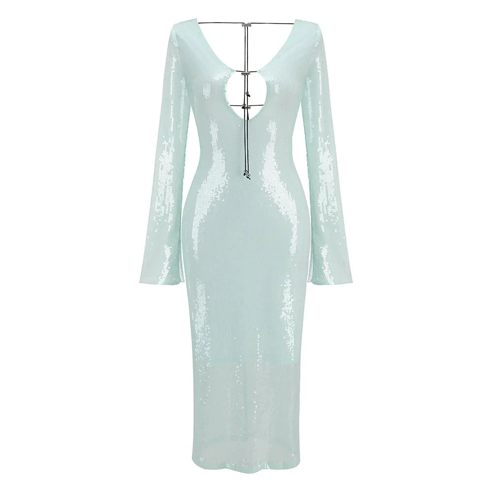 STOCK New Autumn High Quality Sparkling Sequins Sexy V-Neck Hollow Out Aklen Length Dress Fashion Woman Evening Party Outfit