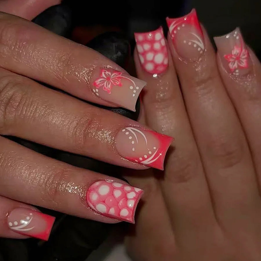 24Pcs Mid-length Square Fake Nails Press on Red Polka Dot Smudge French False Nails with Flower Detachable Full Cover Nails Tips