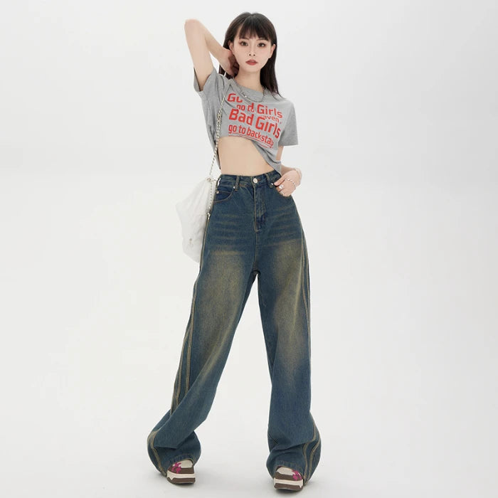 Korean Style Women's Vintage High Waist Streetwear Style Blue Jeans Pants Wide Leg Baggy Y2K Baggy Female Denim Trouser Blue l32