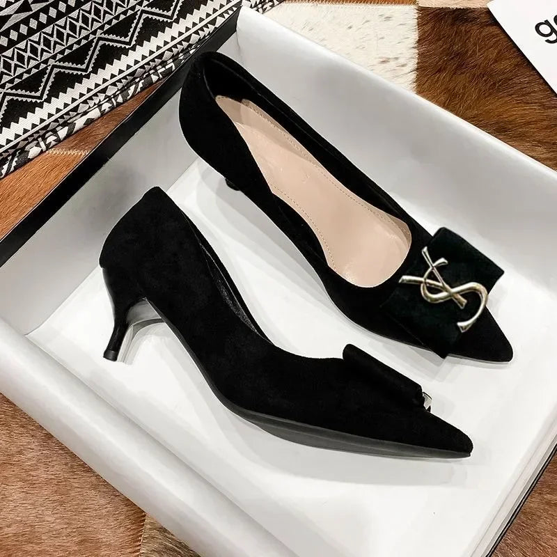 New Korean Version of Metal Buckle Design Suede Shallow Mouth Pointed Flat/Thick/low Heels Bottom Black Luxury Shoes Women Black 5cm