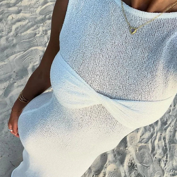 Fantoye Knitted Round Neck Ruched Women Maxi Dress Pink Sleeveless See Through Dress Femme Summer Skinny Elegant Party Beachwear WHITE