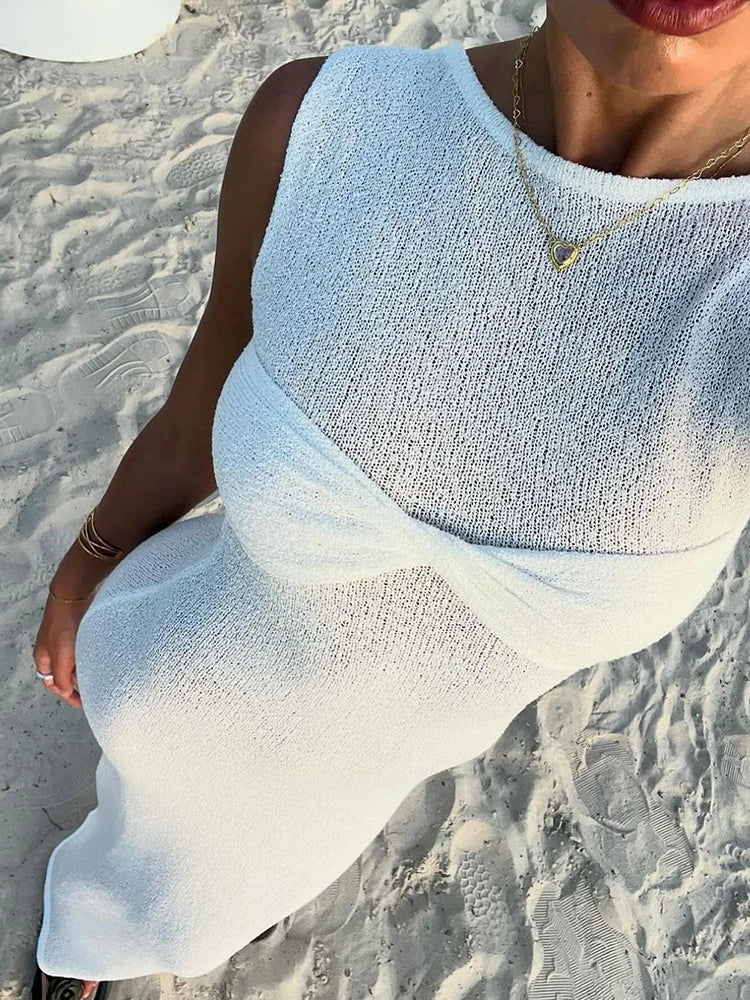 Fantoye Knitted Round Neck Ruched Women Maxi Dress Pink Sleeveless See Through Dress Femme Summer Skinny Elegant Party Beachwear WHITE