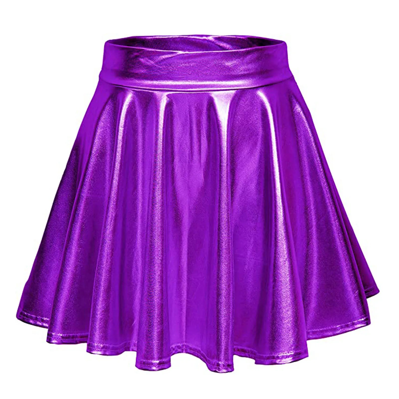 Women Shiny Metallic Pleated Skirt Stretchy High Waist A-Line Mini Skirts for Carnival Party Performance Nightclub Rave Dance Purple