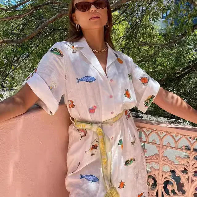 Trend Summer Fashion Print Elegant Women Lace Up Midi Dress Vintage Short Sleeves Chic Female Split Dresses Vestidos Mujer