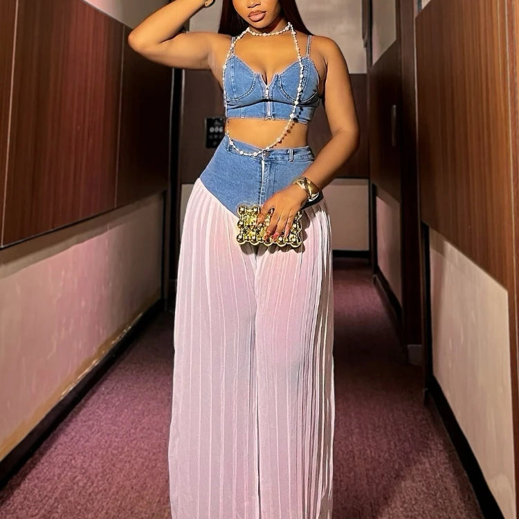 CM.YAYA Fashion Denim Chiffon Women's Set Strapless Crop Top and Jeans Pants Suits 2025 Sexy Party Club Two 2 Piece Set Outfits
