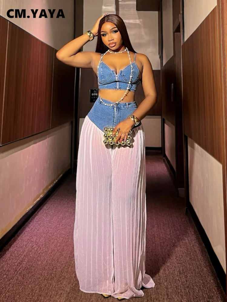 CM.YAYA Fashion Denim Chiffon Women's Set Strapless Crop Top and Jeans Pants Suits 2025 Sexy Party Club Two 2 Piece Set Outfits