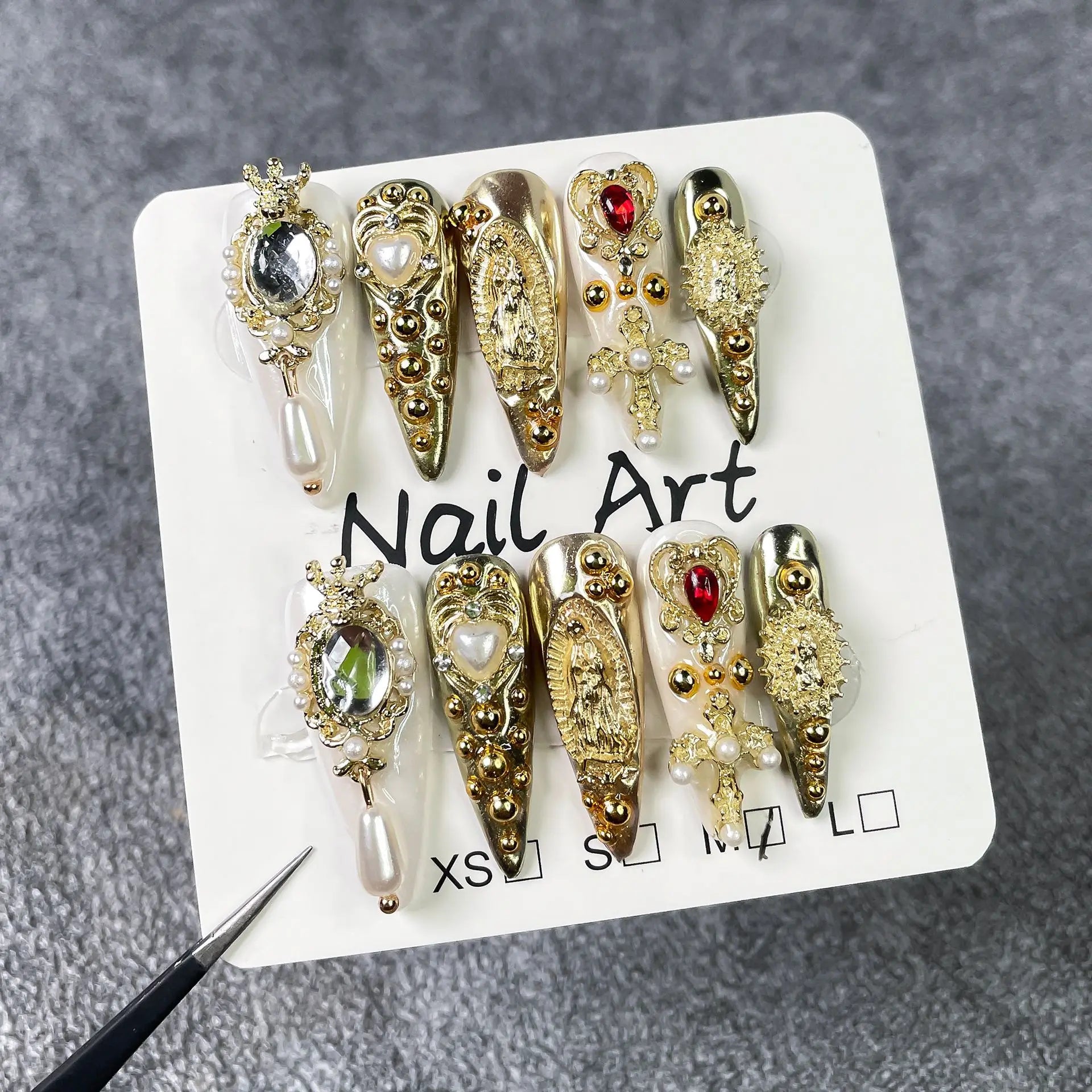 10Pcs Luxurious Golden Court-style Handmade Long Stiletto Fake Nails Rhinestone Pearls Wearable Manicure Reusable Nails Stickers