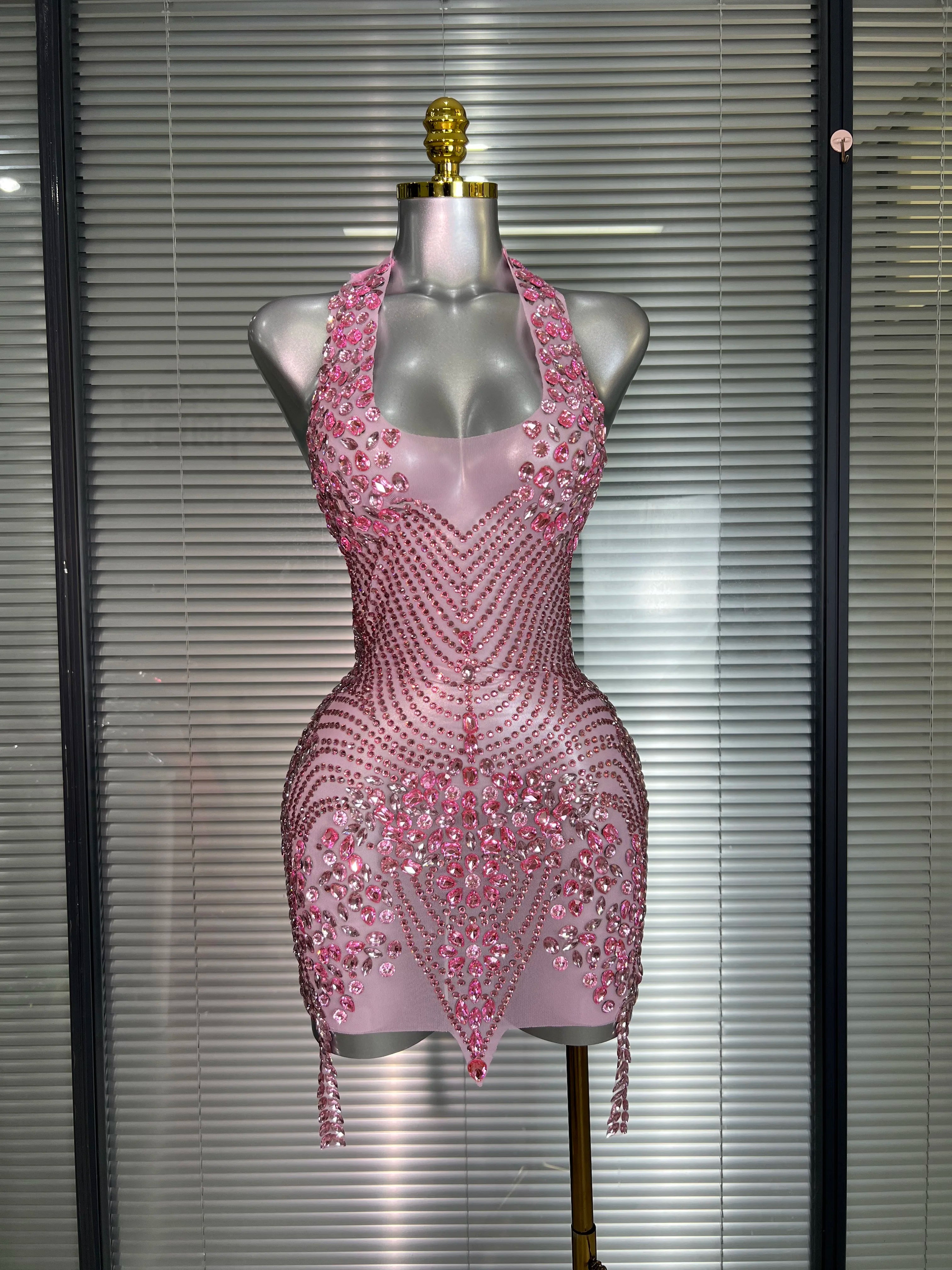 Celebrity New Women Sexy Pink Mesh Halter Stage Performance Costume Dancer Singer Night Club Mini Party Dress