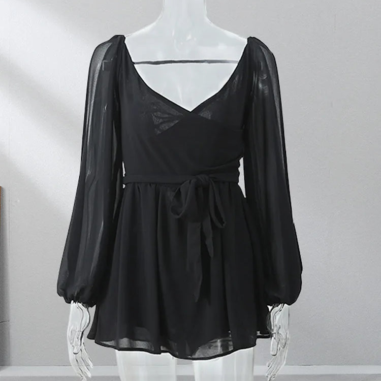 Summer Solid Pleated Mini Dress Women Sexy Slim V Neck Cut Out Long Sleeve Robes Summer Elegant Female Beach Party Streetwear Black