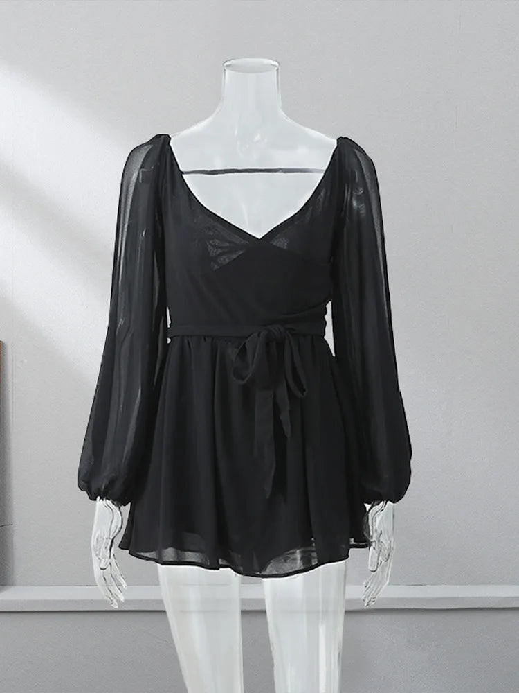 Summer Solid Pleated Mini Dress Women Sexy Slim V Neck Cut Out Long Sleeve Robes Summer Elegant Female Beach Party Streetwear Black