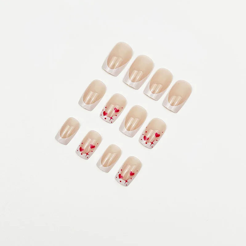 White French Fake Nails Nude Color Short Square Press On Nail Red Love Heart/Star/Dot Printed Women Valentine's Day DIY Manicure