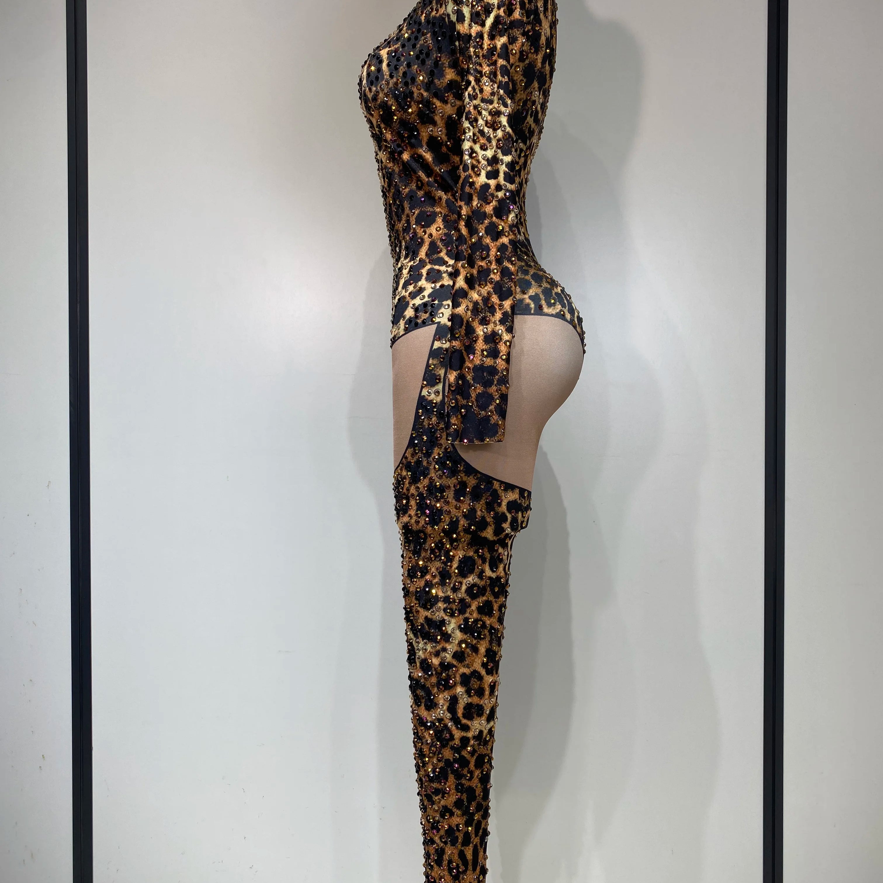 Women 2025 Stretch Leopard Print Sexy Bodycon Jumpsuit Bar Nightclub Singer Dancer Luxury Diamond Stage Performance Outfit
