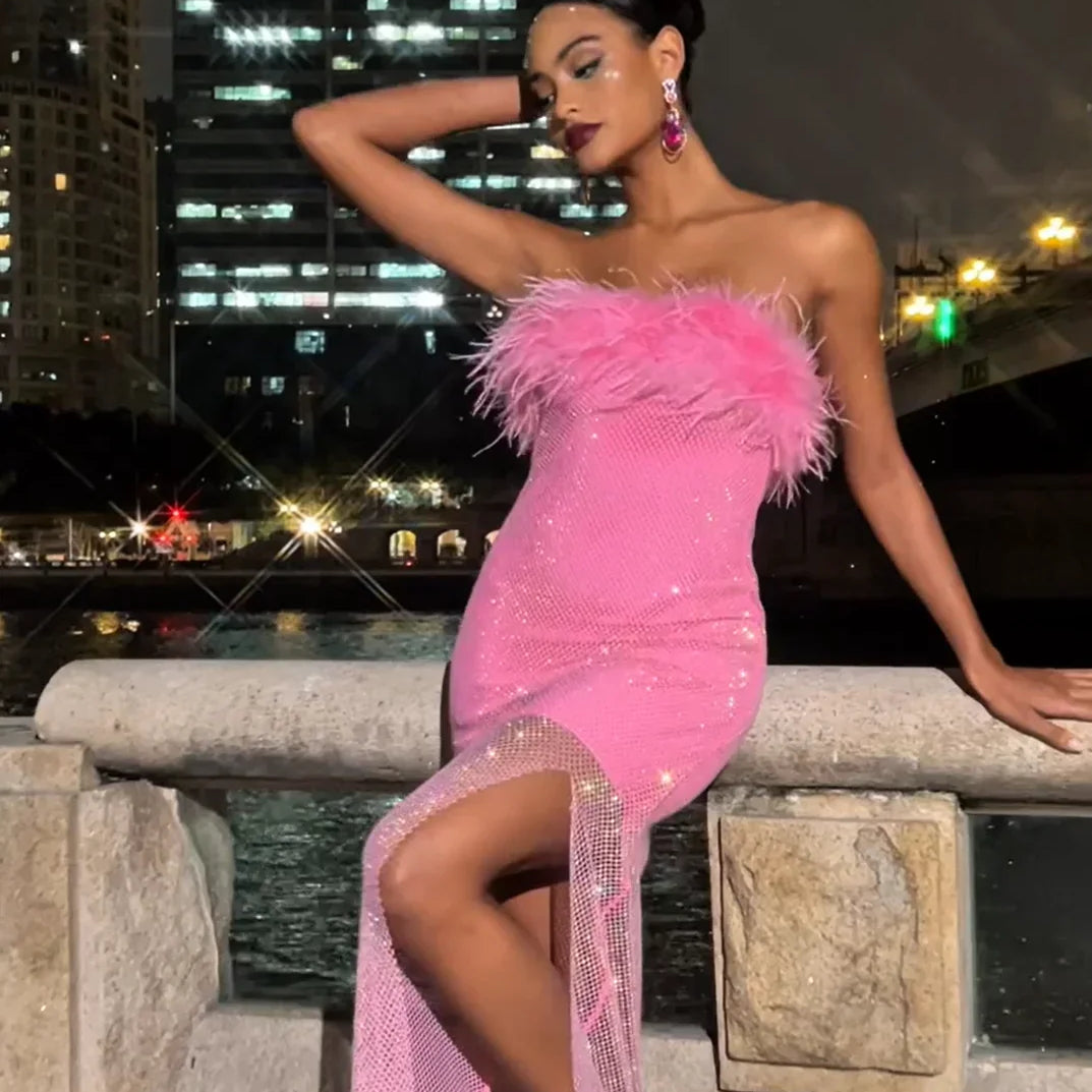 Pink Black Color Women Sexy Strapless Diamond Mesh Feathers Bodycon Long Dress Fashion Celebrate Nightclub Party Birthday Dress