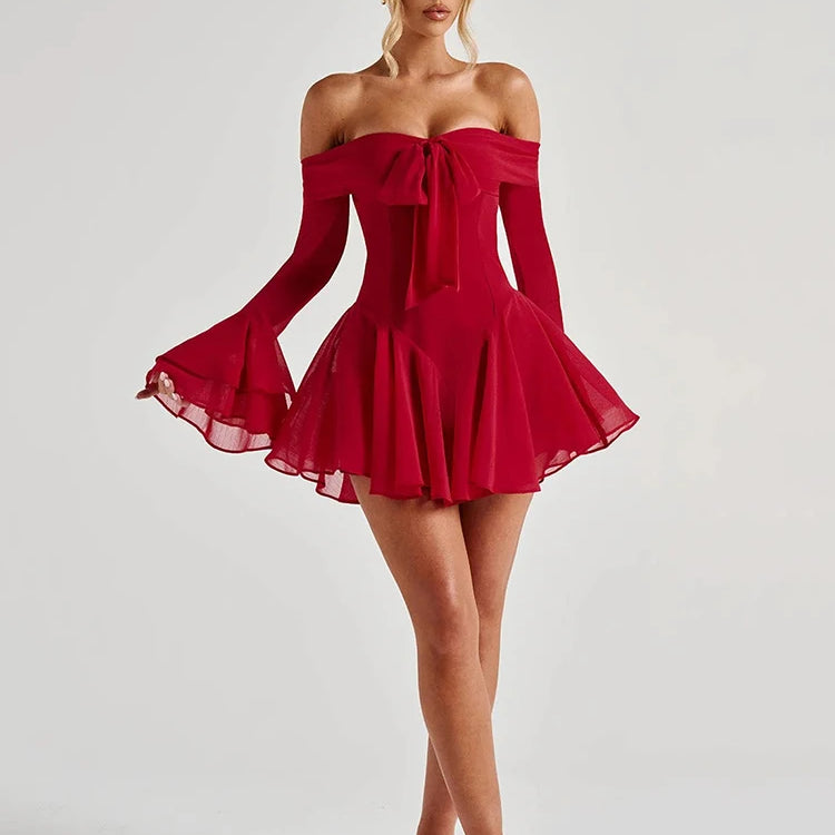 Strapless Long Flare Sleeve Sexy Mini Dress For Women Robe Off-shoulder Backless High Waist A-line Club Party Dress