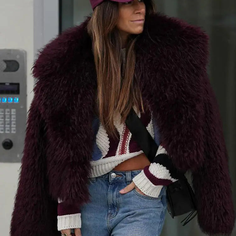 Winter Women's Chic Thermal Furry Faux Fur Coat Fashion Casual Long Sleeve Cardigan Jackets New Female Warm Streetwear ﻿ Wine red