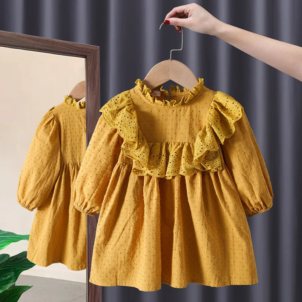 Baby Girls Floral Princess Dress Spring Autumn Korean Style Long Sleeve Big Turn Down Collar Kids Girl Dresses Summer 2024 New Dress G