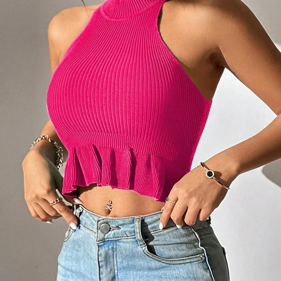 Spring Summer Women Sleeveless Ruffle Hem Crop Knit Top Femme Coquette Casual Knitwear Corset Tank Tops Clothes Rose One Size