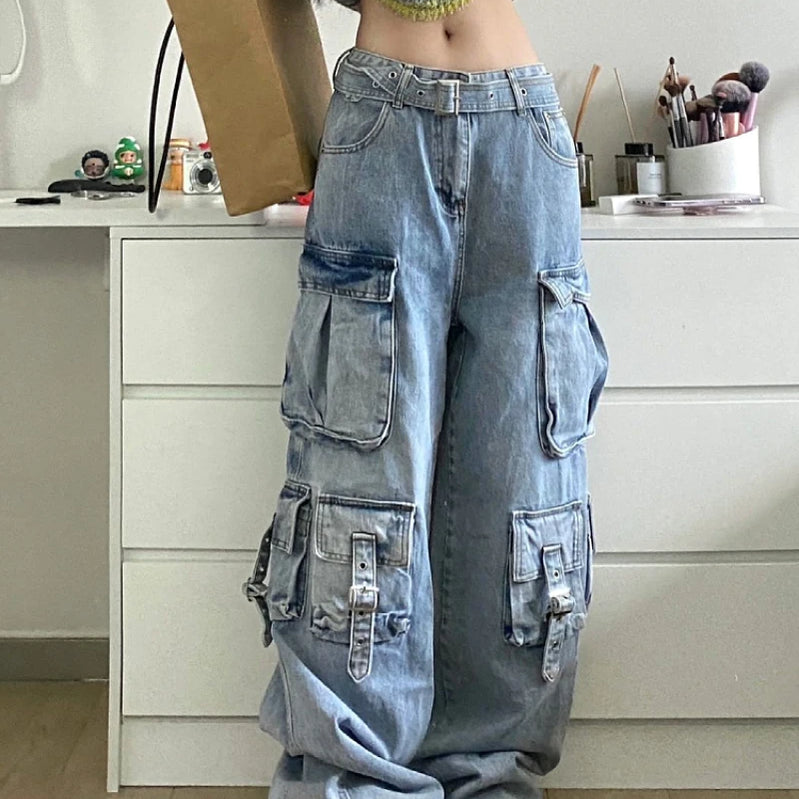 Autumn Winter New Ladies Cargo Jeans American Street Style Baggy Cargo Pants Women Blue Multi-pocket Wide Leg Jeans for Women Blue