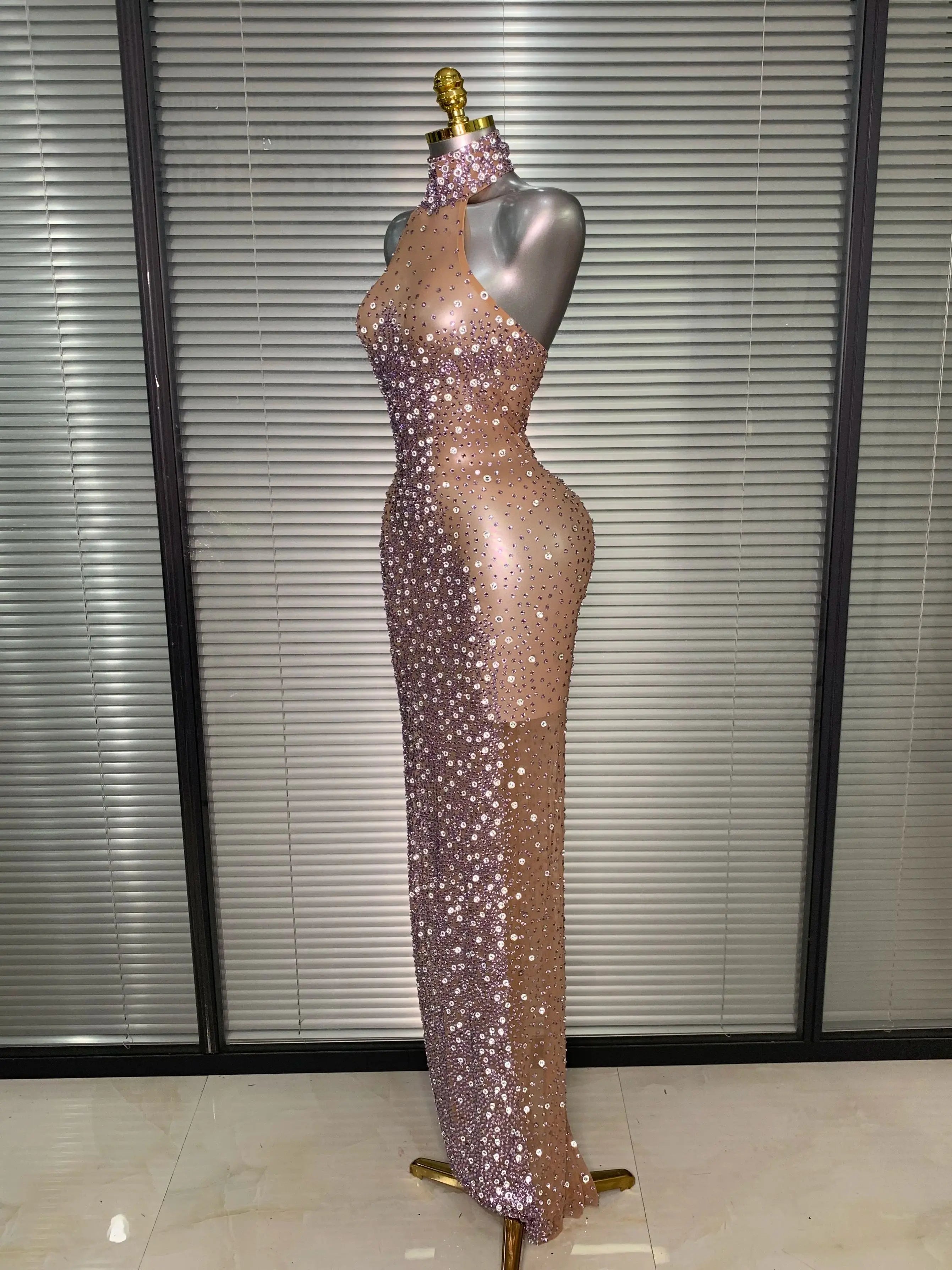 Women Sexy Mesh Crystal Diamonds Shinning Maxi Dress See Through Sheer Party Singer Stage Performance Costume