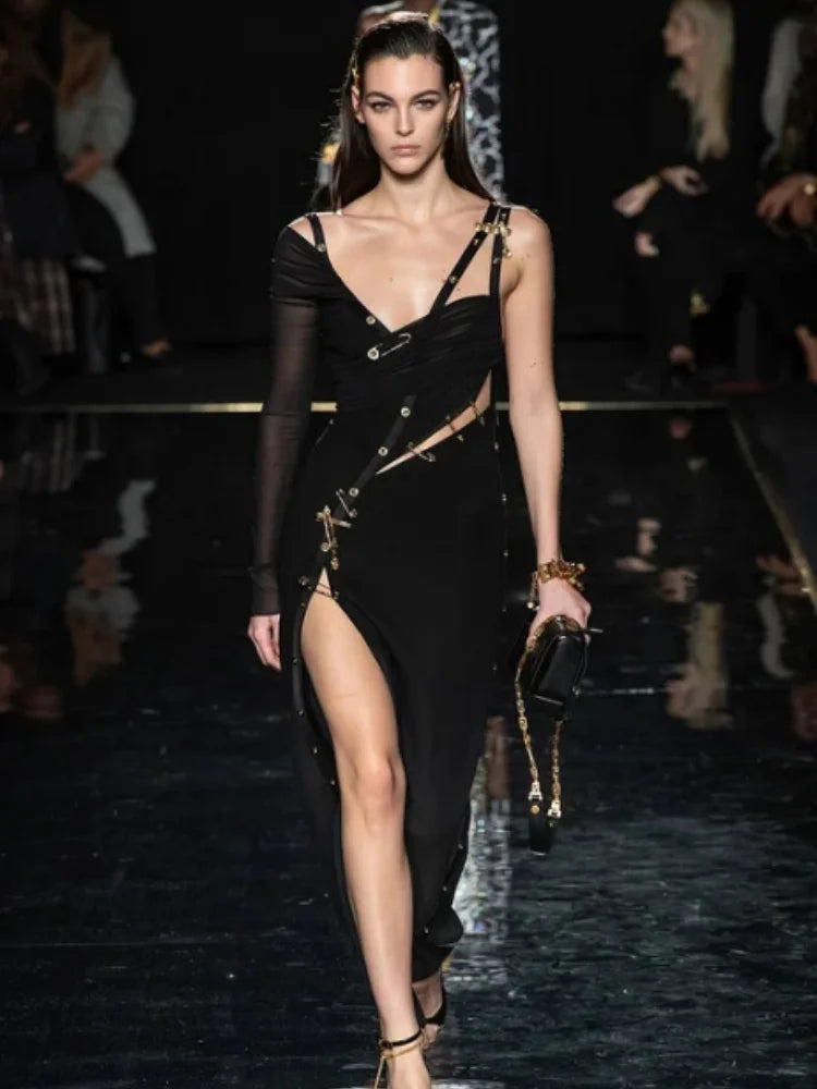 Vestido preto de manga comprida, um ombro só, aberto, rayon, bandagem, coquetel, festa, bodycon