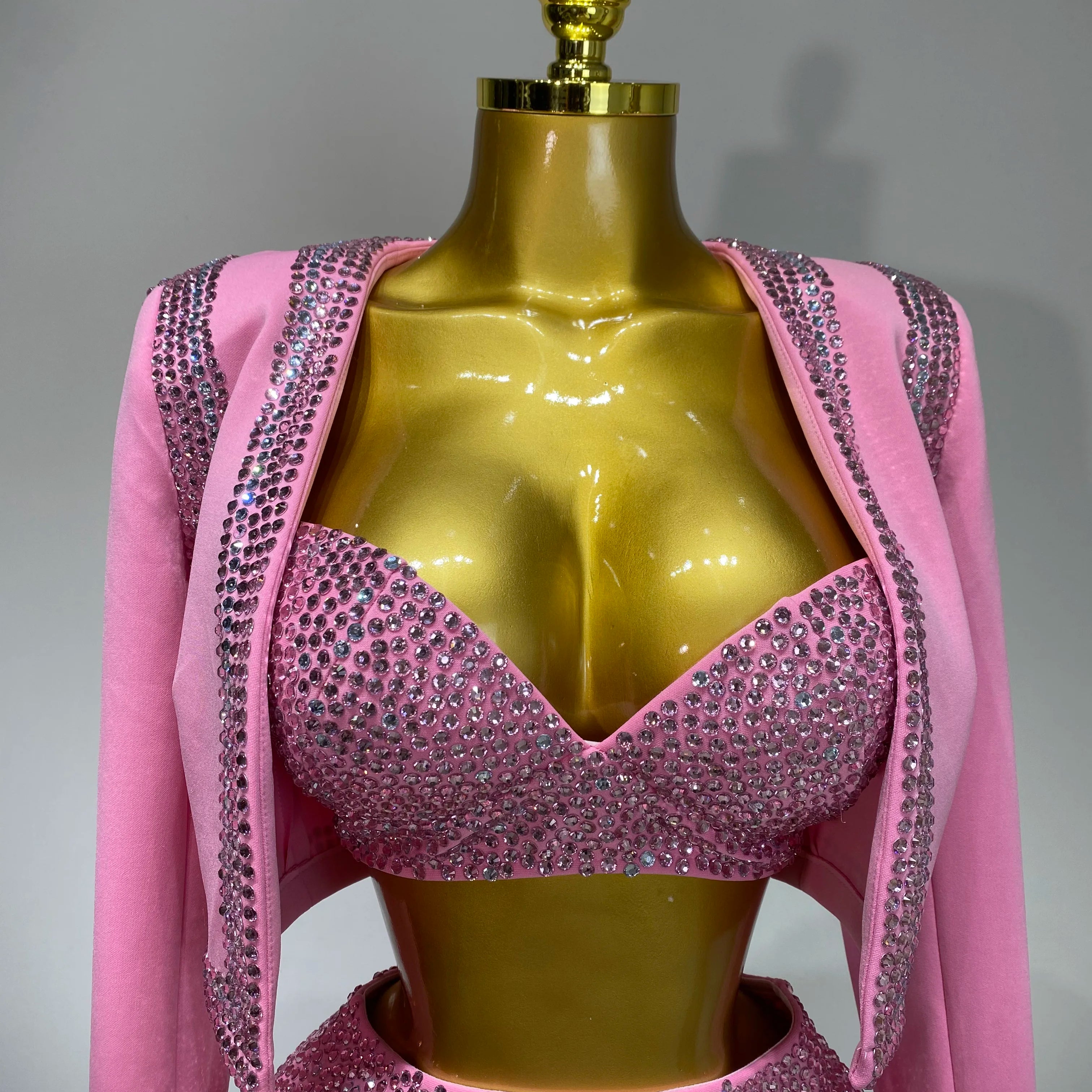 Luxury Rhinestone Jacket Bra Top And Matching Shorts Set 3 Pieces Outfits Women Sexy Sparkle Nightclub Singer Stage Outfit