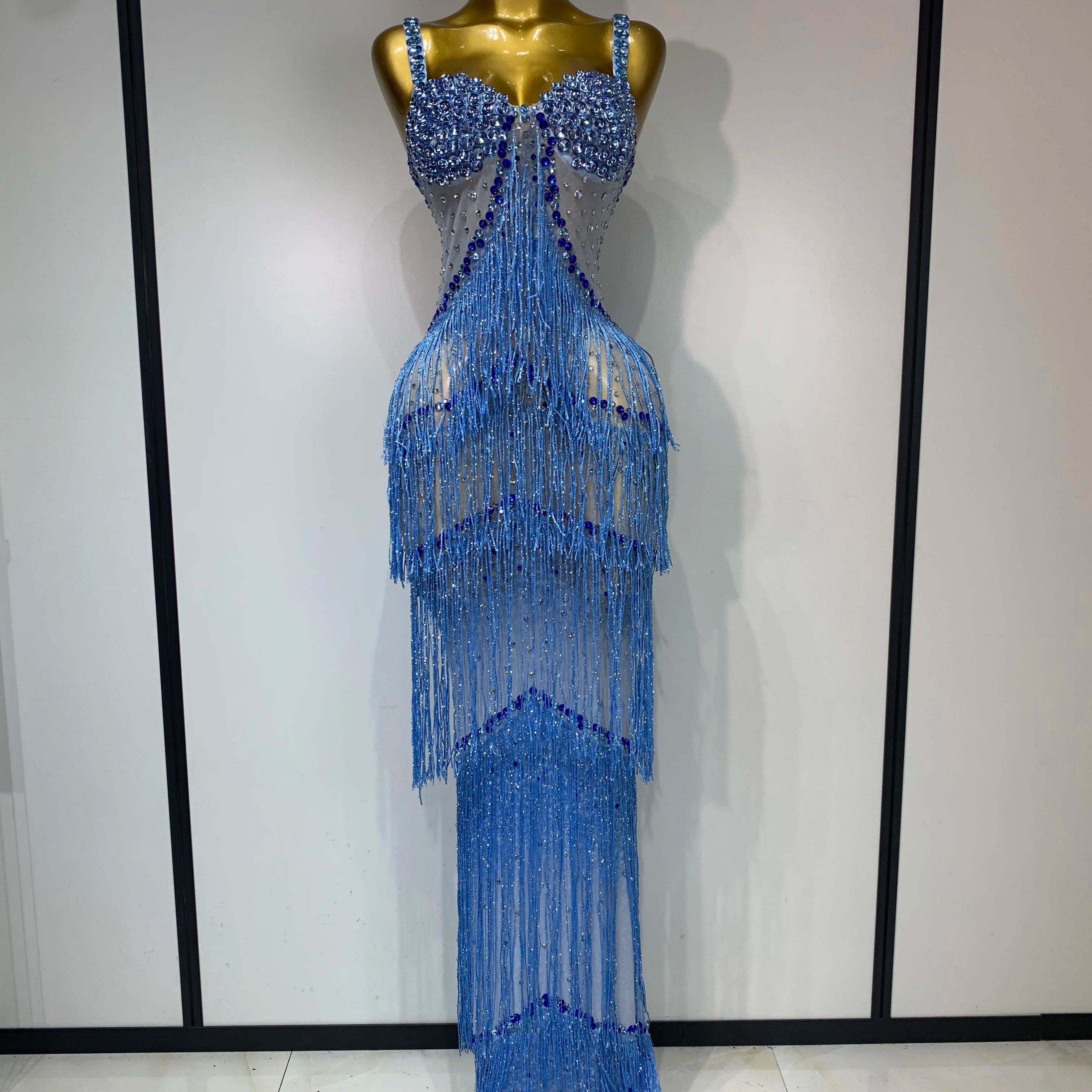 Sparkly Rhinestones Fringes Maxi Long Dress Women Sexy Transparent Elagant Evening Party Birthday Dress Photo Shoot Outfit