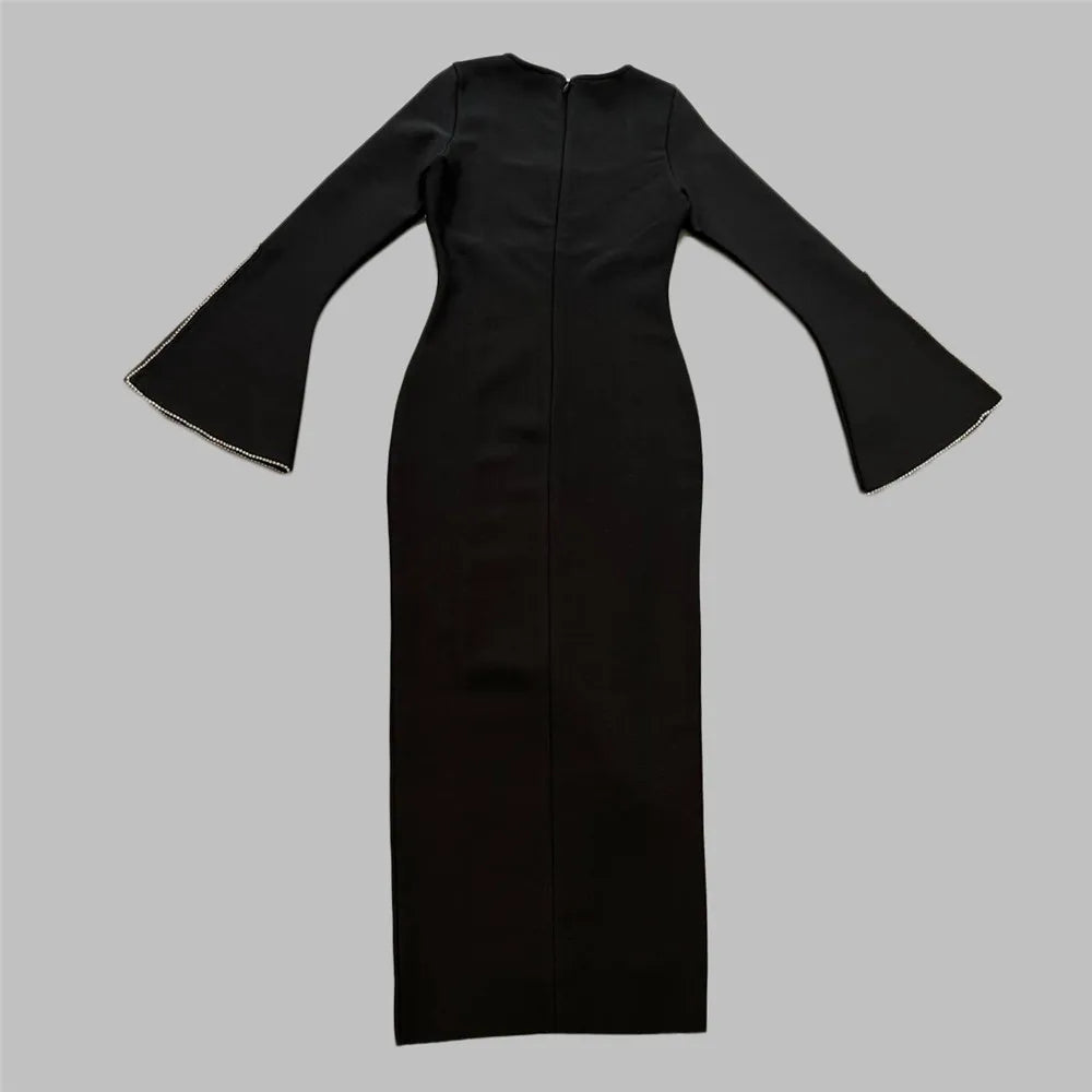 Vestido feminino sexy de manga comprida com gola quadrada e zíper, justo na altura da panturrilha, vestido de festa à noite da moda