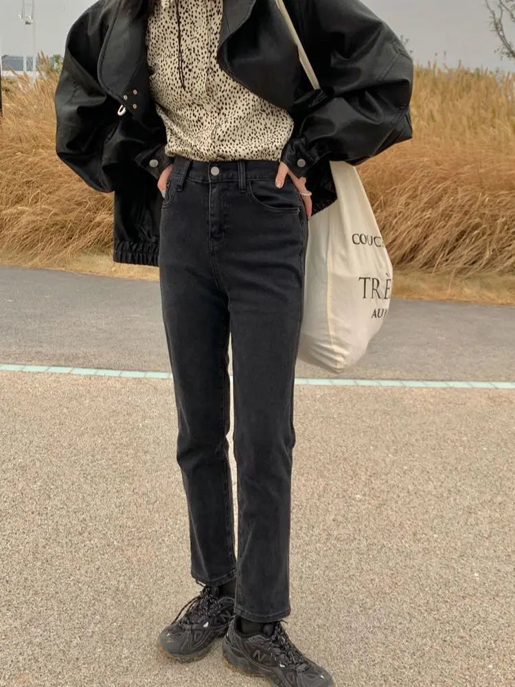 Black Straight Denim Pant Women's High Waisted Loose Casual Pants Autumn Winter Retro Wide Leg Cropped Pants black