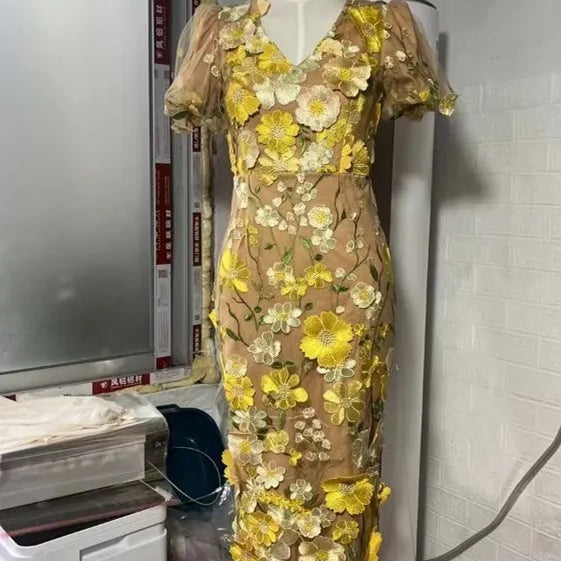 JAMERARY Runway Spring/Summer New Mesh 3D Flower Embroidery Perspective Evening Prom Dress Women Holiday Robe Vestido Party V yellow shortsleeve