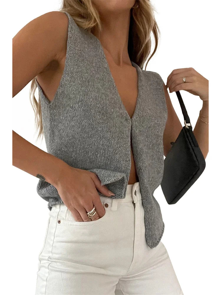 CHRONSTYLE Y2K Women Knitted Sweaters Vest Tops Casual Retro Sleeveless V-Neck Buttons Up Tank Summer Autumn Chic Vest 2022 Club B