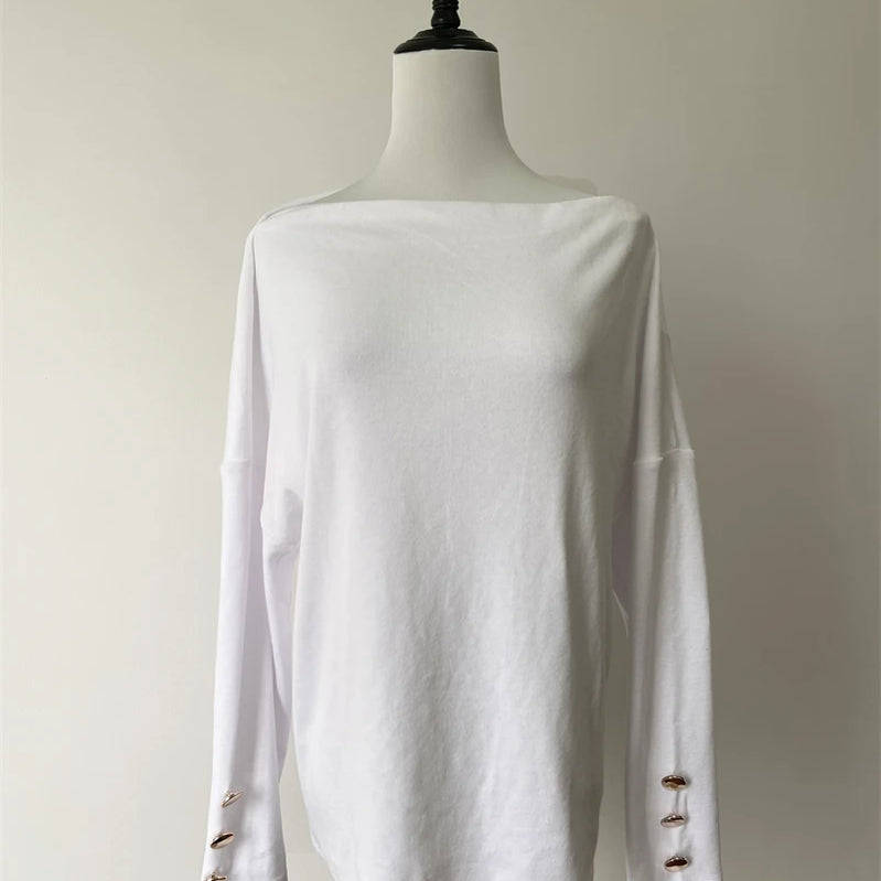 Oversized T-shirt Clearance Sale Women Tops Loose Pullover Autumn Long Sleeve Solid Black White Khaki Tees Buttons топ женский