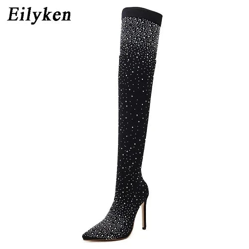 Fashion Runway Crystal Stretch Fabric Sock Over-the-Knee Boot Thigh High Pointed Toe Woman Stiletto Heel Shoes BLACK 12CM