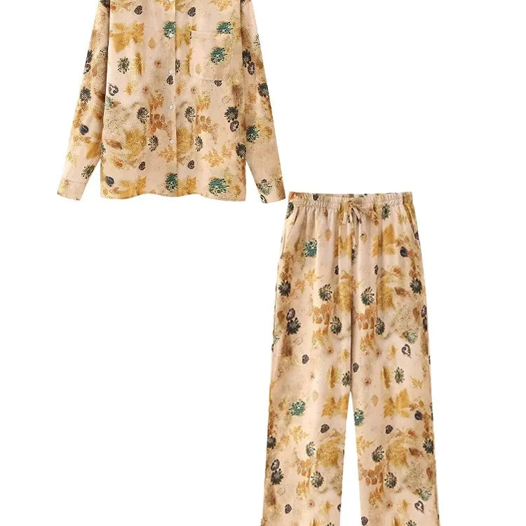 Aonibeier Thin Satin Printed Women Loose Shirt Suits Traf Summer Long Sleeve Casual Blouse Female Wide Pants Sets Y2K Two Piece Sets