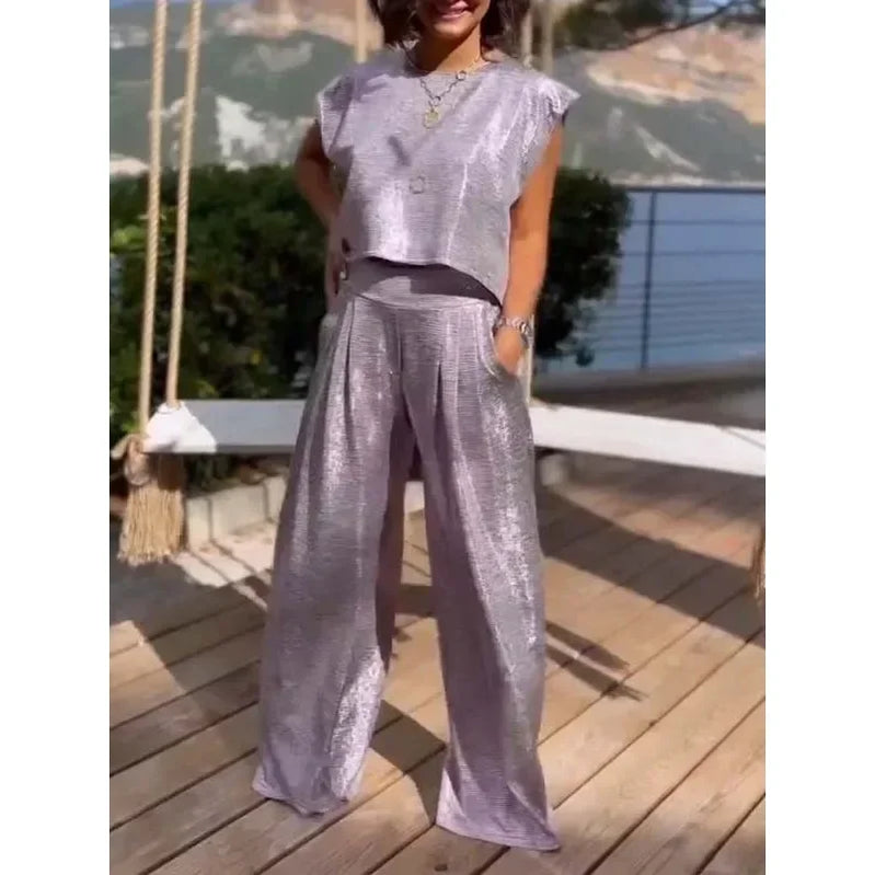 Plus Size Women's 0XL-5XL Summer Casual Sleeveless Fashion Comfortable Women's Glossy Tank Top Wide Leg Pants Two Piece Set