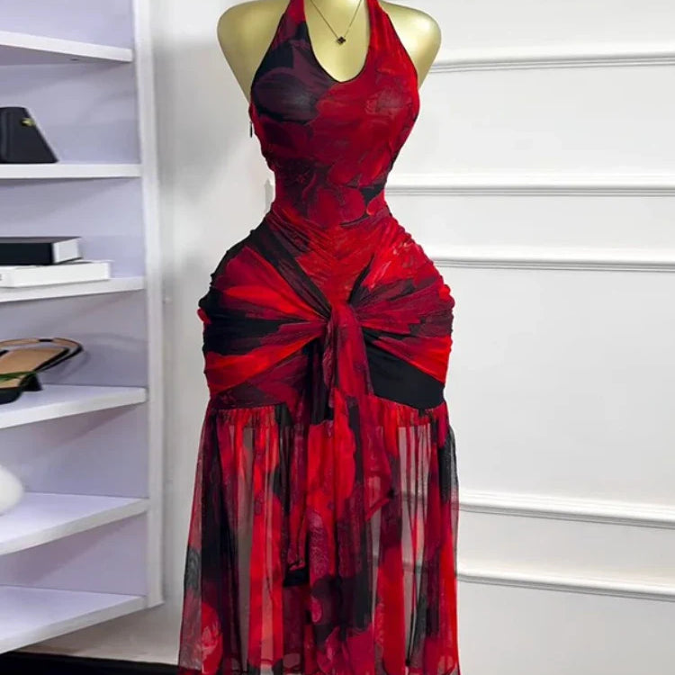 CM.YAYA Women Halter Neck Backless Ruched Stacked Sleeveless Mesh Long Maxi Dress 2025 Birthday Even Sexy Party Dresses Vestidos