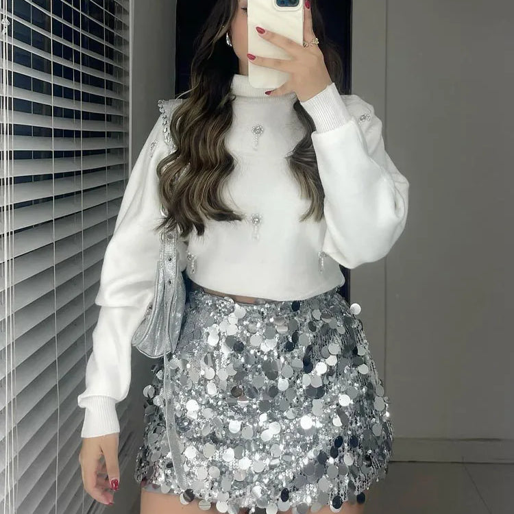 TRAFZA Women New Fashion Y2K Shiny Sequin Skirt Female Elegant High Waist Mini Skirts Casual Woman Sexy Chic Party Skirts