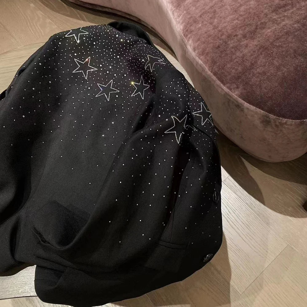 TWOTWINSTYLE Solid Spliced Bedazzle Jackets for Women Lapel Long Sleeves Patchwork Single Breasted Temperament Jacket Female New