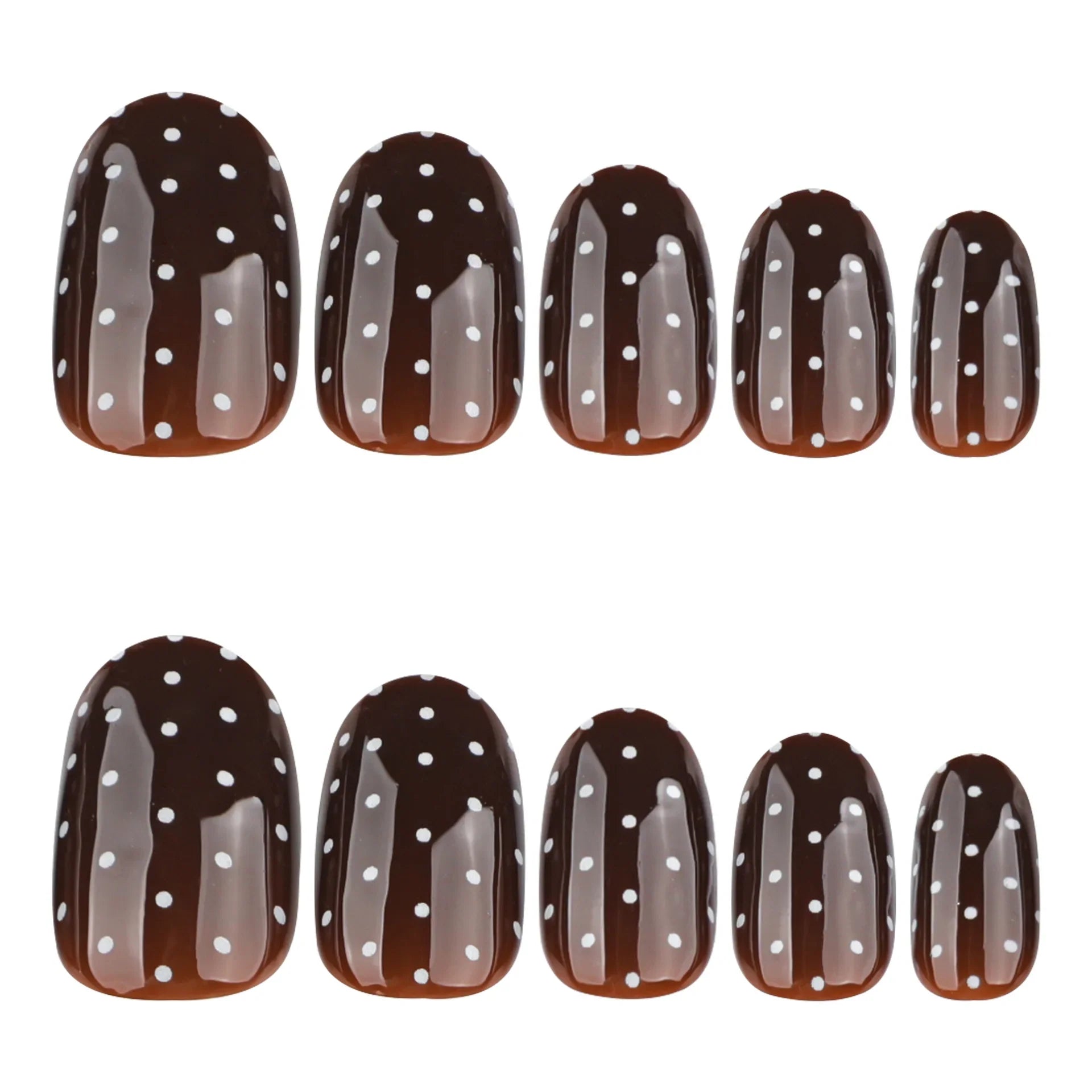 Brown Almond Fake Nails 24Pcs Autumn French Press On Nails White Dot Printed Sweet Girls Charm Manicure 3D Bowknot/Pearls Decor