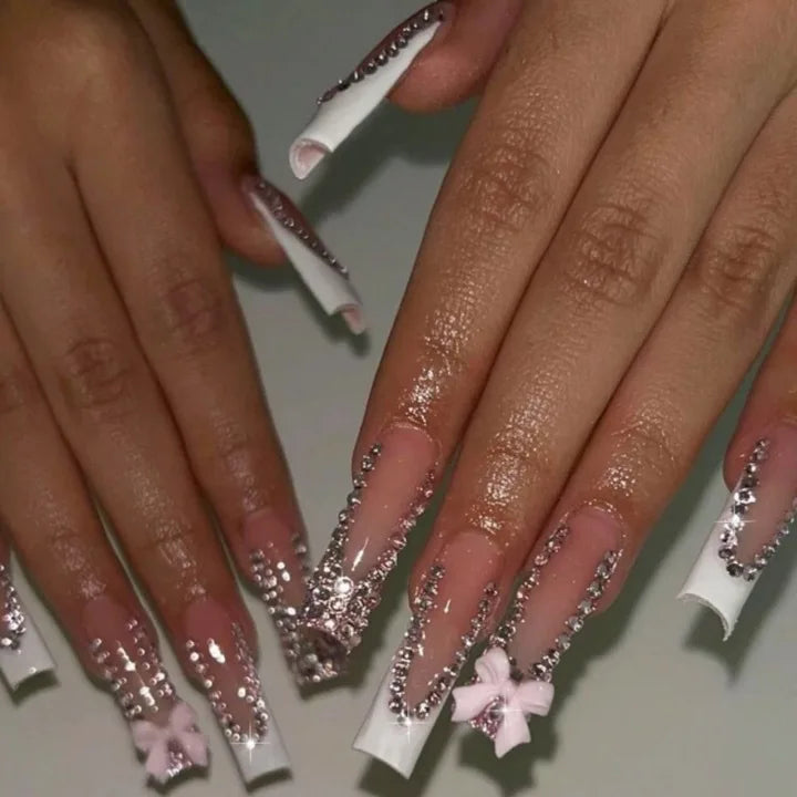 24Pcs Long Square Head French Fake Nail Press on 3D Bow Rhinestone Design Full Cover Nails Tips Detachable Finished False Nails