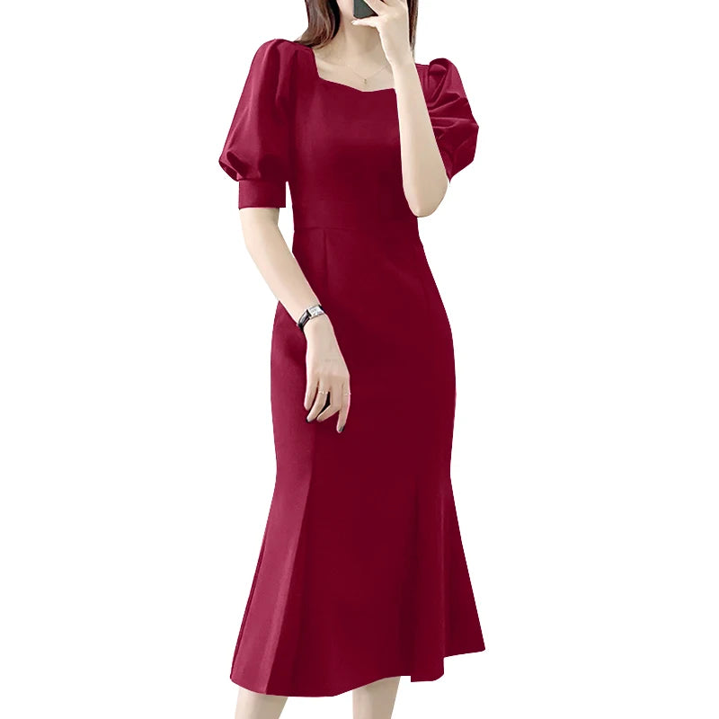 Elegant Party Midi Sundress Sexy Square Collar Holiday Short Puff Sleeve Mermaid Dresses Women Fashion Waisted Long Robe Wine Red