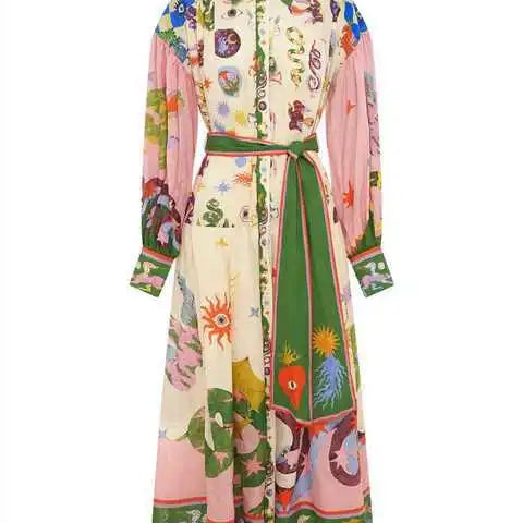 Polo Neck Printed Dress For Women Autumn New Retro French Palace Style Long Lantern Sleeve Loose Vintage Dresses Clothing