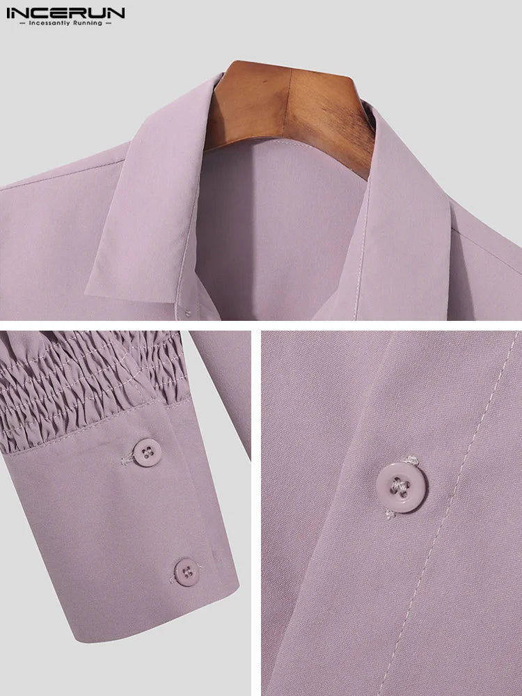 INCERUN Tops American Style New Men Solid Puff Sleeve Shape Blouse Fashion Party Shows Male Loose Long-sleeved Shirts S-5XL