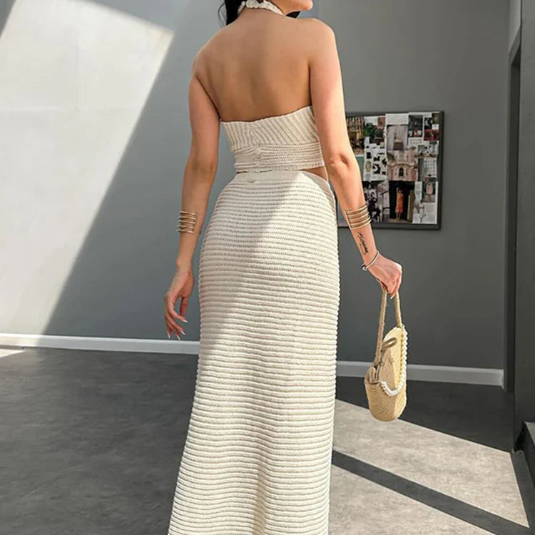 Holidays 3D Flower Knit Halter Vest Skirt Sets Women Sexy Hollow Out Top Elastic Split Skirts Summer Lady Beach Outfits