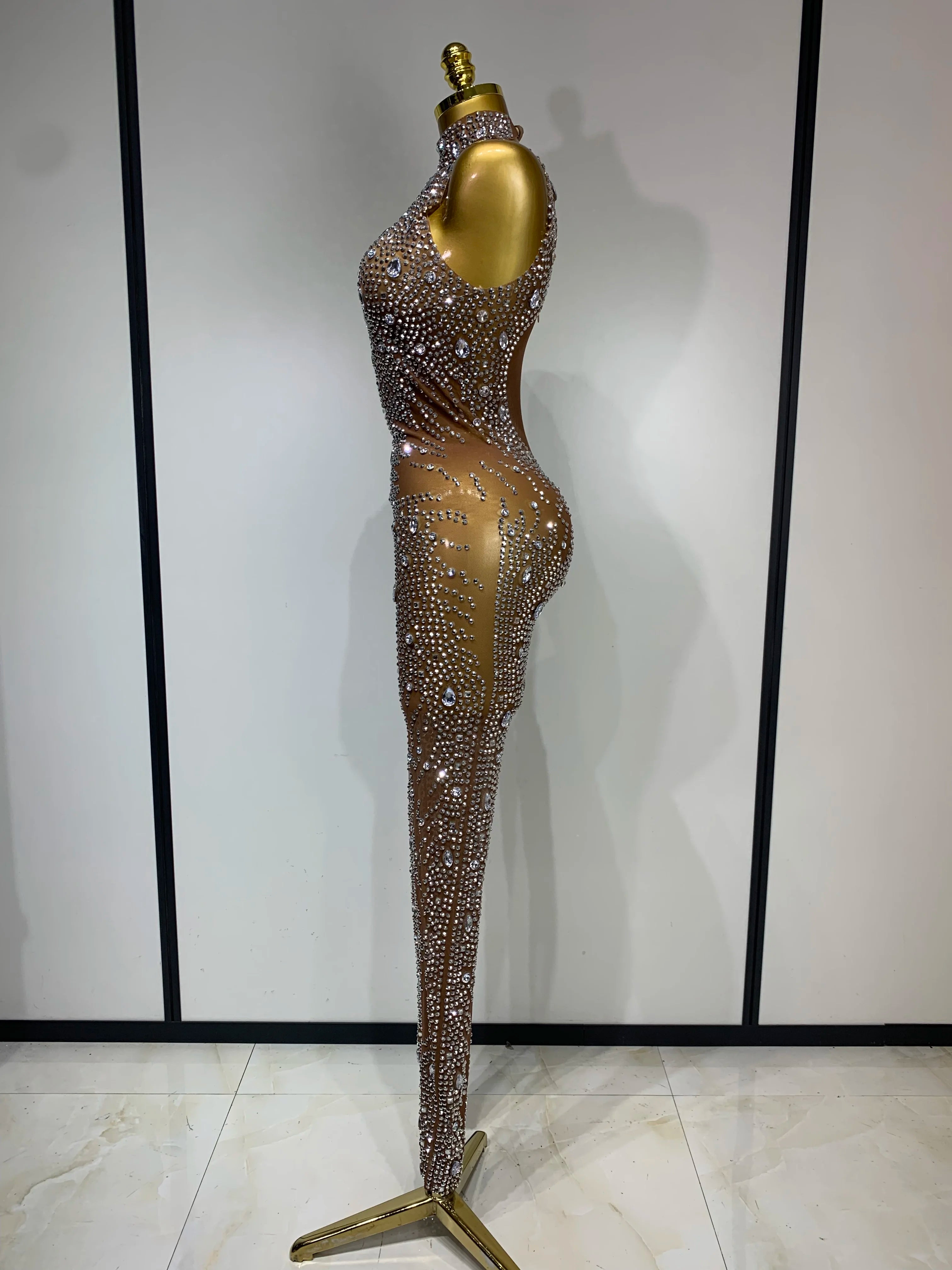 Luxury Rhinestones Jumpsuit Women Sexy Mesh See Through Performance Dance Costume Celebrate Club Birthday Party Stage Outfit