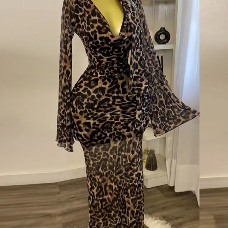 CM.YAYA Women Full Sleeve Pile Collar leopard print Long Maxi Dress Holiday Beach Birthday Evening Sexy Party Dresses Vestidos